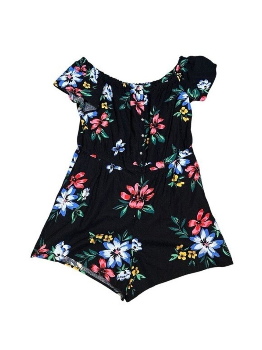 Old Navy Womens XL Short Sleeve Off the Shoulder Romper Black Floral Linen Blend